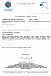 Hoja del presupuesto de la cirugía de Elías