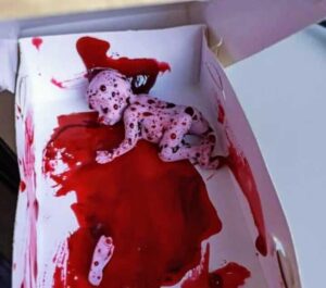 Un bebé de plástico y pintura simulando sangre era el regalo