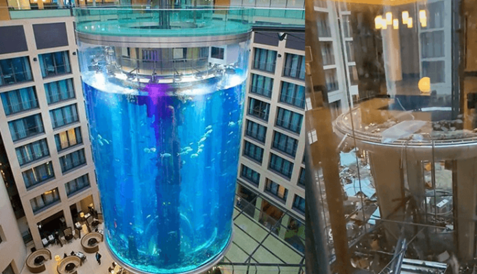 Revienta en Berlín el mayor acuario cilíndrico con cientos de peces