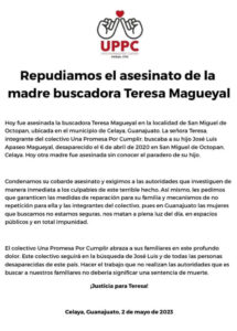 Comunicado sobre Teresa Magueyal, madre buscadora, que fue asesinada en México