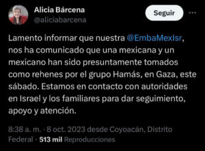 Alicia Bárcena confirmó que dos mexicanos fueron tomados como rehenes en Gaza