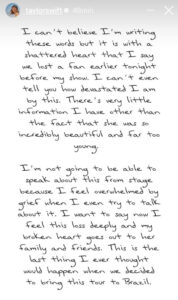 Mensaje de Taylor Swift tras la muerte de una fan en su concierto