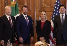 Sheinbaum recibe a Mullin en Palacio Nacional para tratar temas de seguridad.